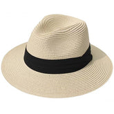 sombrero fedora beige con cintillo negro ligero y versátil para verano viajes y escapadas