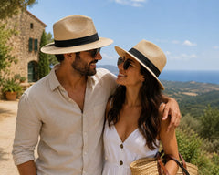 pareja disfrutando de una escapada de verano usando sombreros Fedora Riviera color beige con cintillo negro