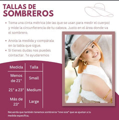 guía de tallas de sombreros mujer con medidas en pulgadas y ajuste one size