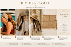 Guía de estilo de la pañoleta satinada Riviera Camel de 90 × 90 cm mostrando diferentes formas de uso en cabello, sombrero y looks de inspiración mediterránea.