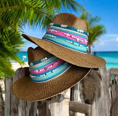 sombrero fedora de paja mujer con detalles rosa y turquesa estilo veraniego