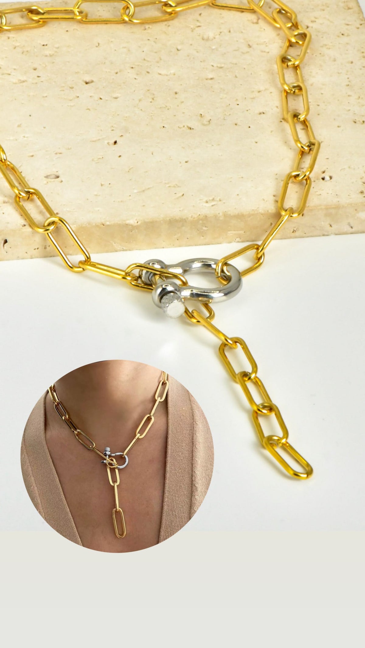 Nexo Doré | Collar Dorado de Eslabones con Broche Plateado