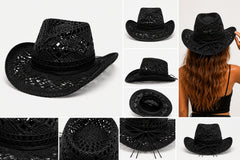 Collage editorial del sombrero Black King estilo cowboy negro calado con vistas frontal, lateral, superior, posterior y detalles del tejido y lazo trasero.