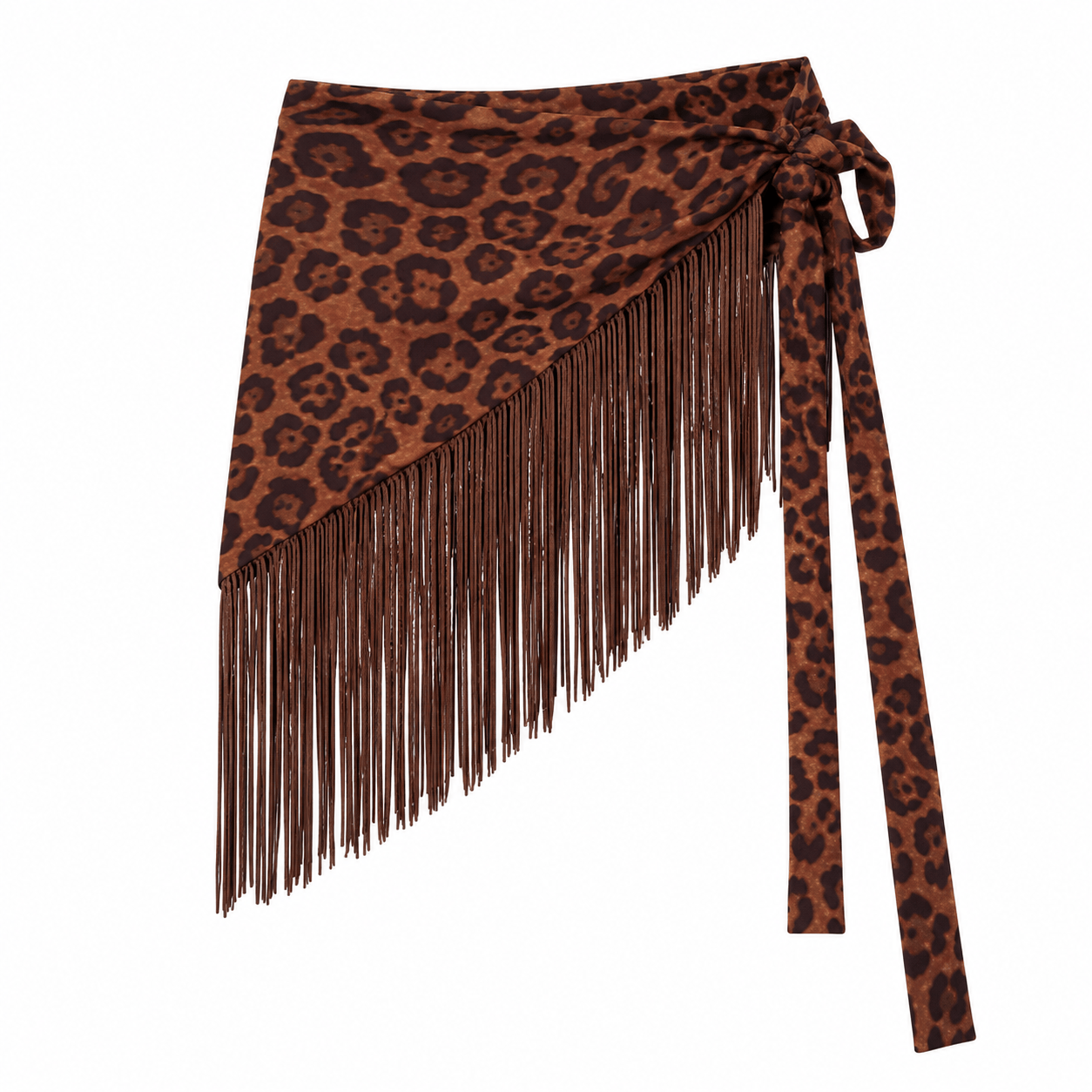 Cinturón pañoleta Bohemia Chic Marrón animal con estampado de leopardo, amarre lateral y flecos marrones sobre fondo blanco.
