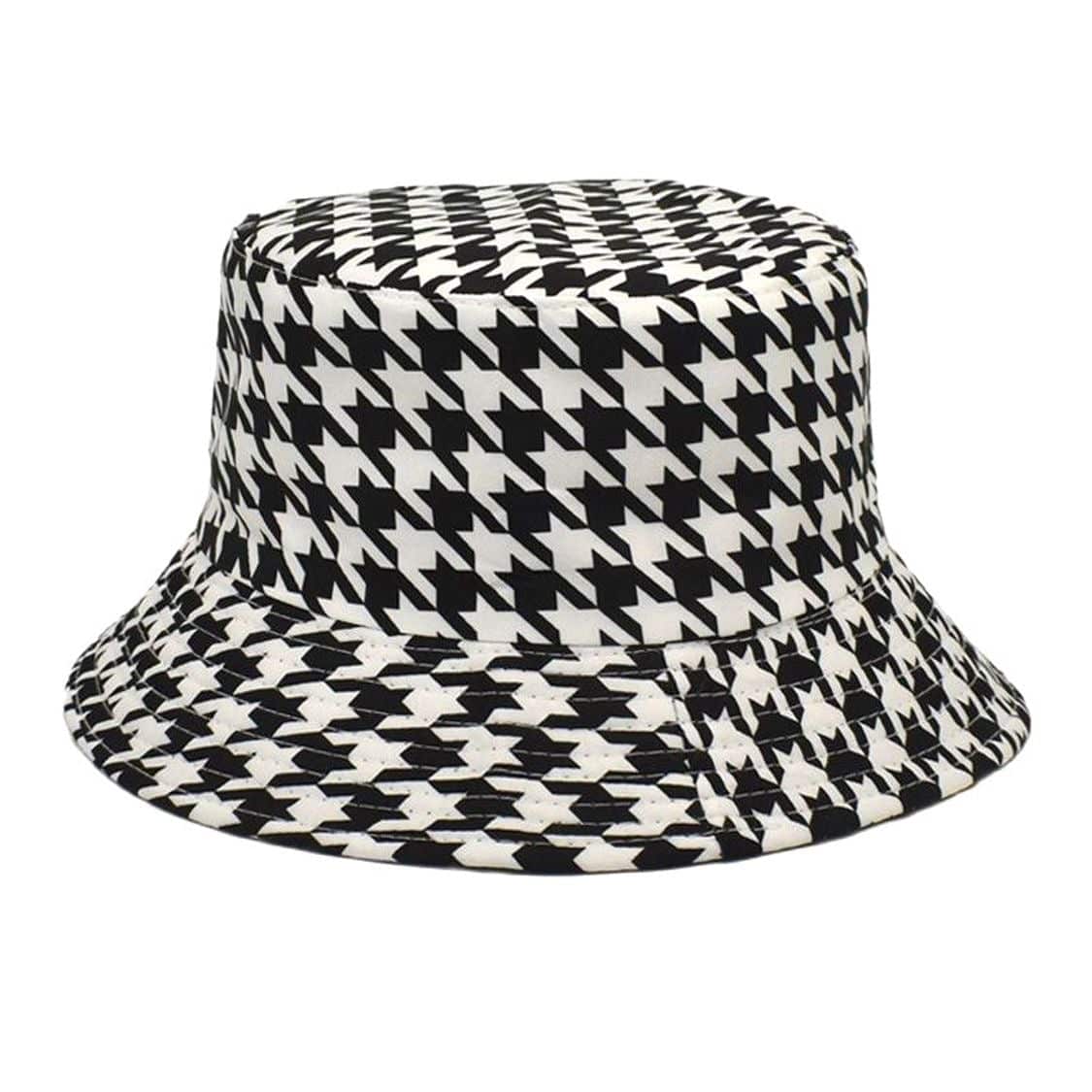 Bucket Hat reversible con estampado clásico pata de gallo en blanco y negro para mujer y hombre.