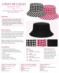 Guía visual del Bucket Hat reversible A Pata de Gallo mostrando variantes, reversibilidad e inspiración de estilo.