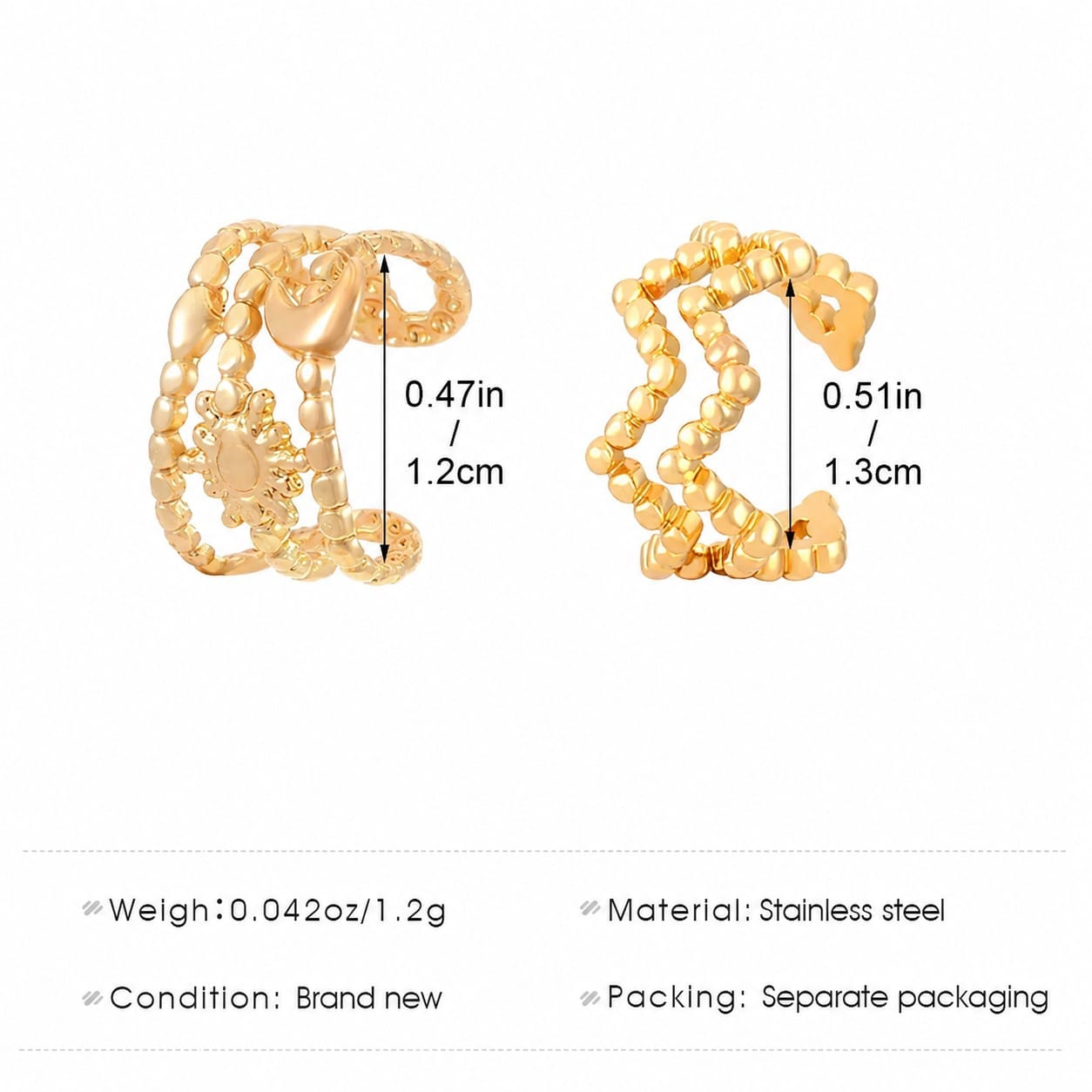 medidas de earcuffs dorados modernos estilo escultural y elegante mujer