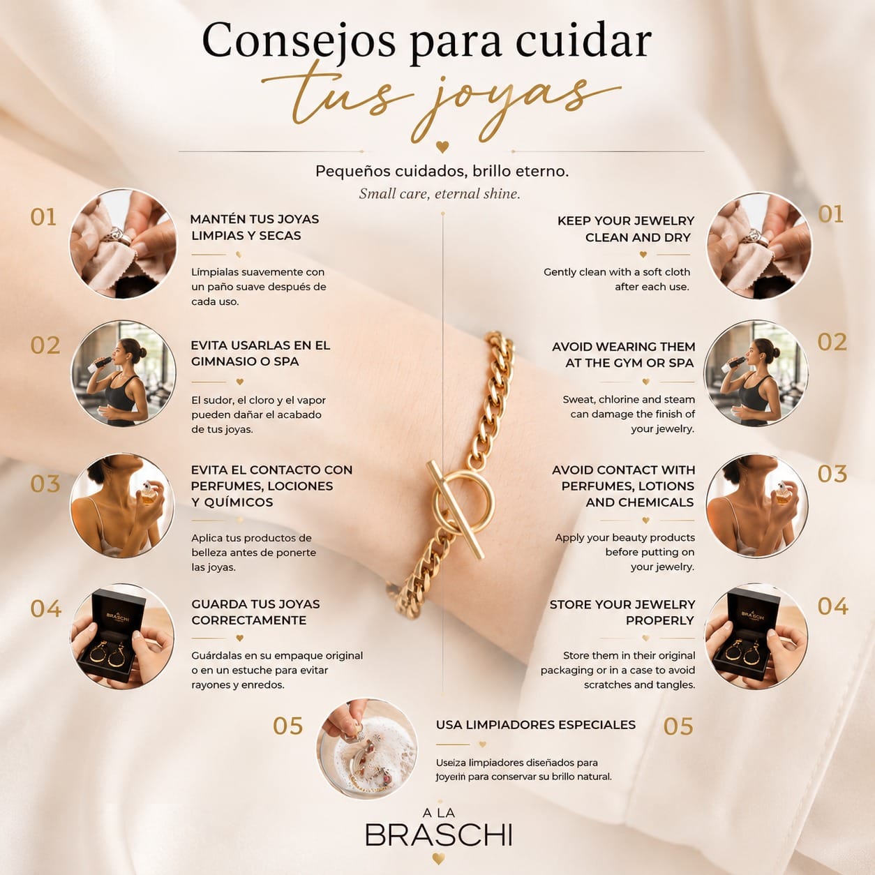 guia para cuidar tus joyas A la Braschi en espanol e ingles