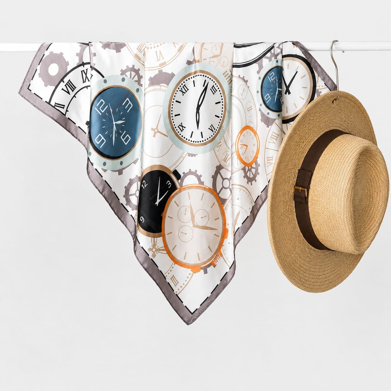 Pañoleta satinada Le Temps de 70 × 70 cm con ilustración de relojes clásicos junto a un sombrero de fibra natural, inspirando un estilo elegante y atemporal.