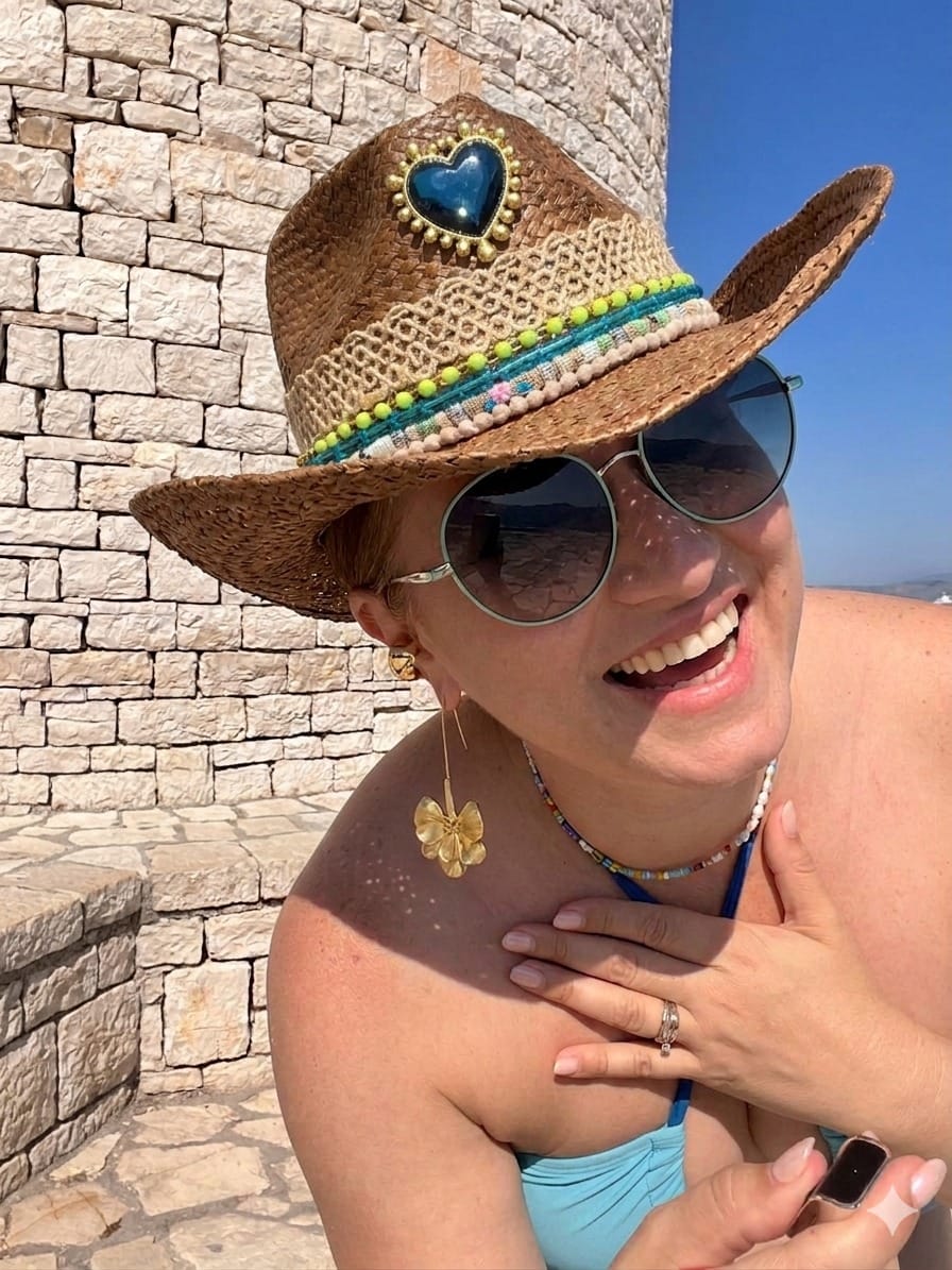 mujer usando sombrero artesanal de playa con detalles turquesa
