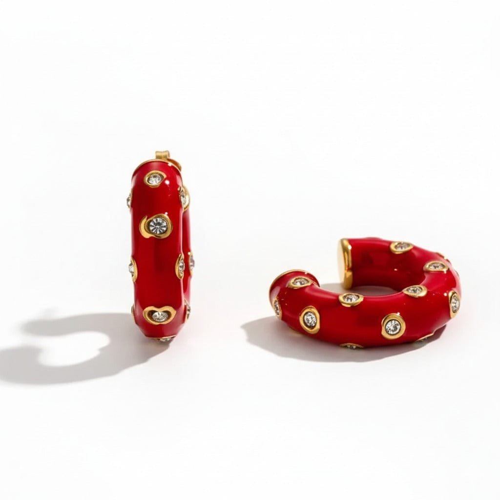 aretes hoops rojos con cristales incrustados diseno moderno elegante mujer