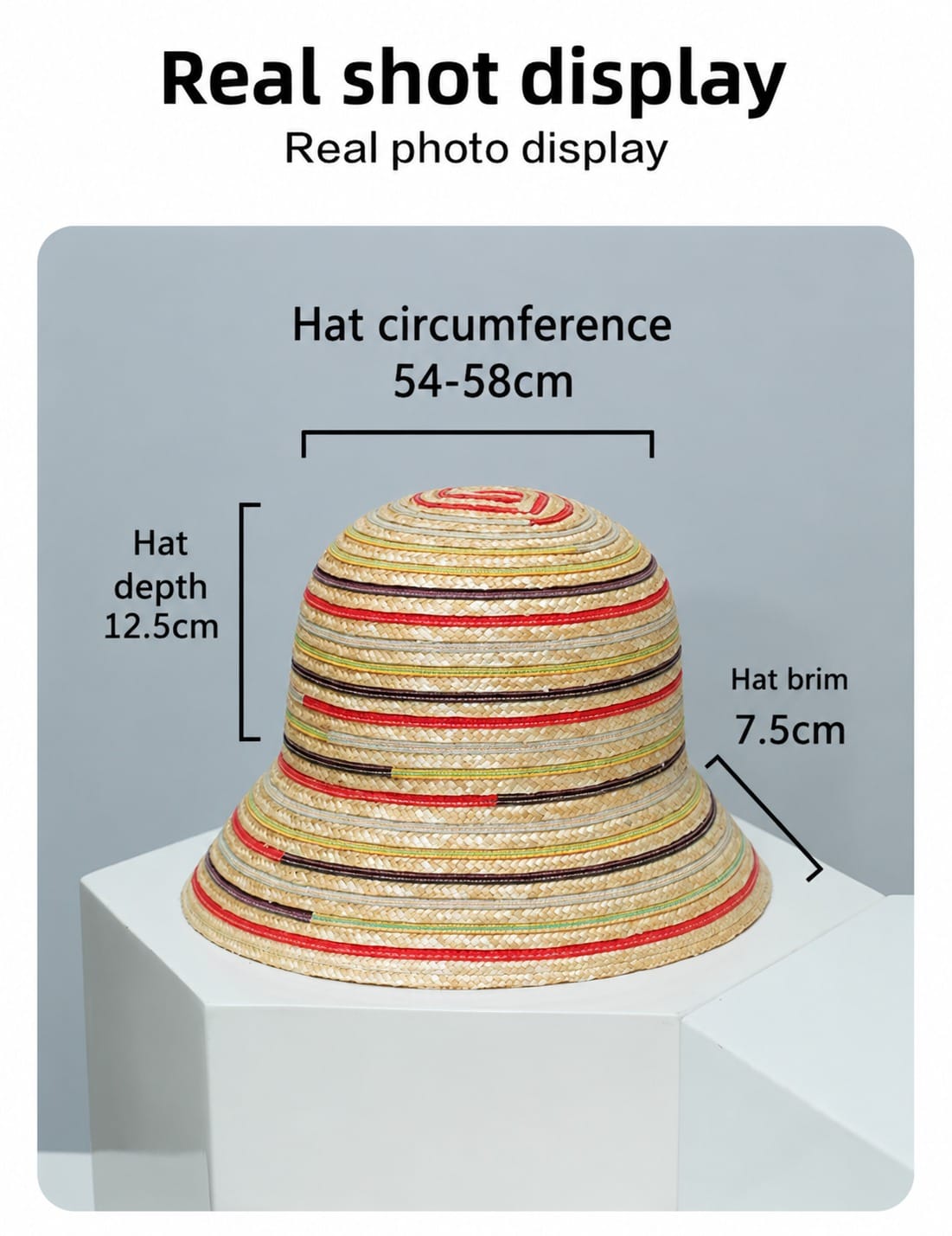 Guía de medidas del Sunset Lines Bucket Hat de fibra natural con circunferencia de 54 a 58 cm, copa de 12.5 cm y ala de 7.5 cm.